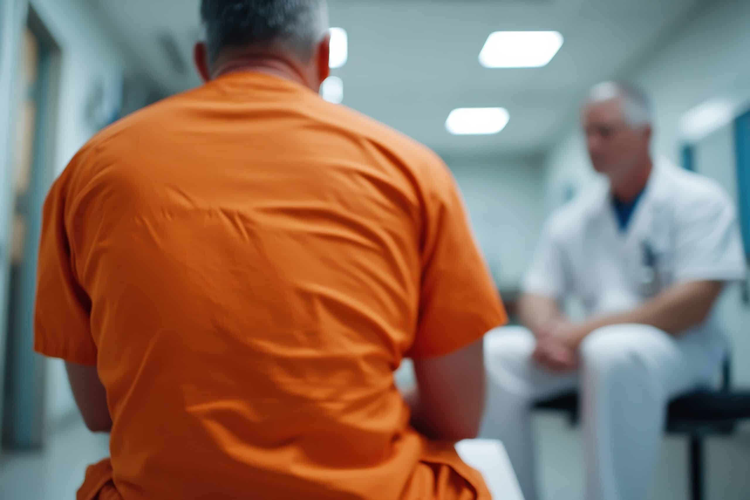 Man in an orange prison uniform interacting with a doctor