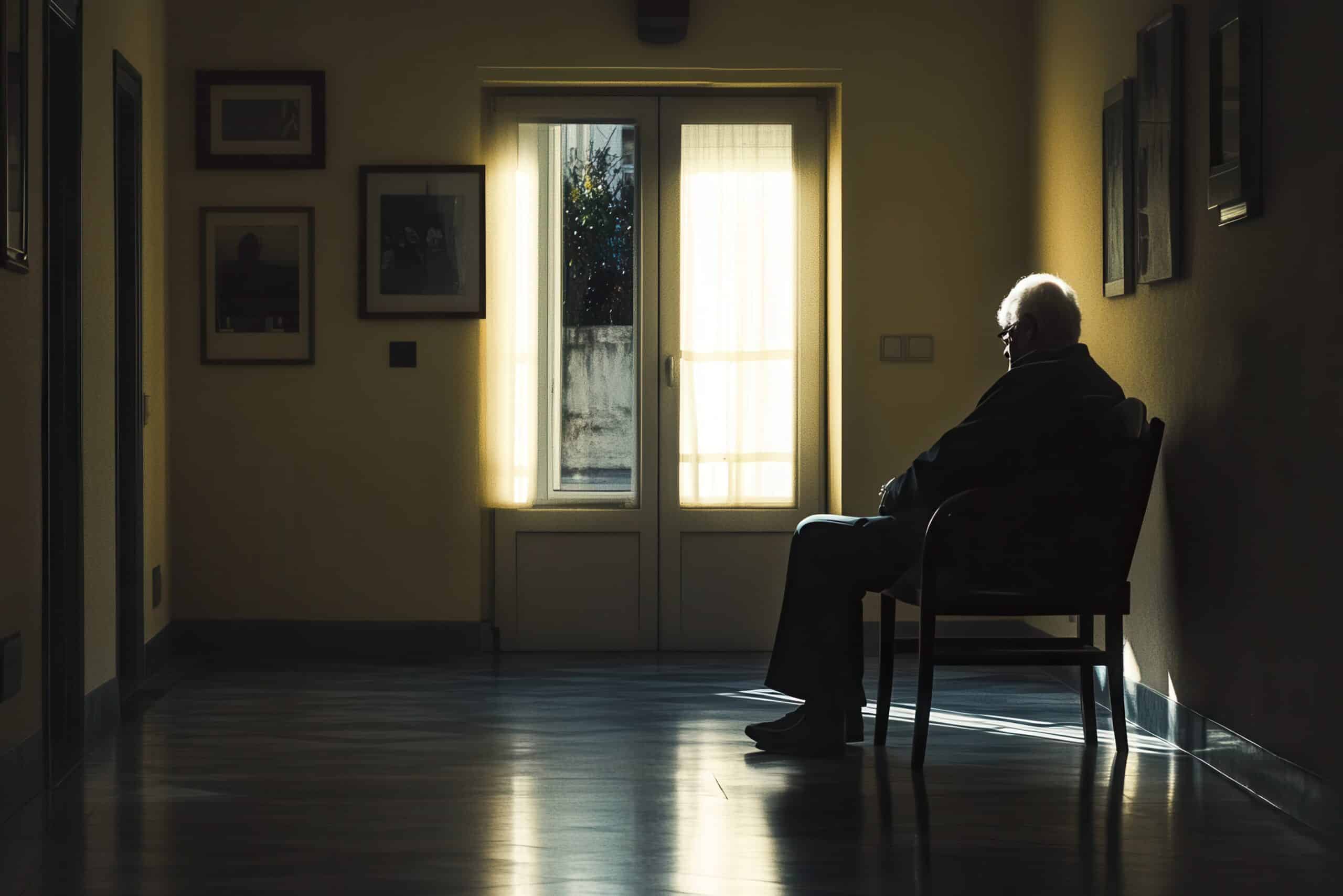 Older man sits quietly in a nursing home corridor