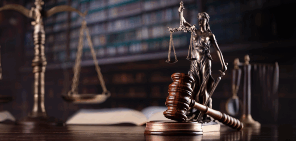 lawyer's gavel and Lady Justice on desk