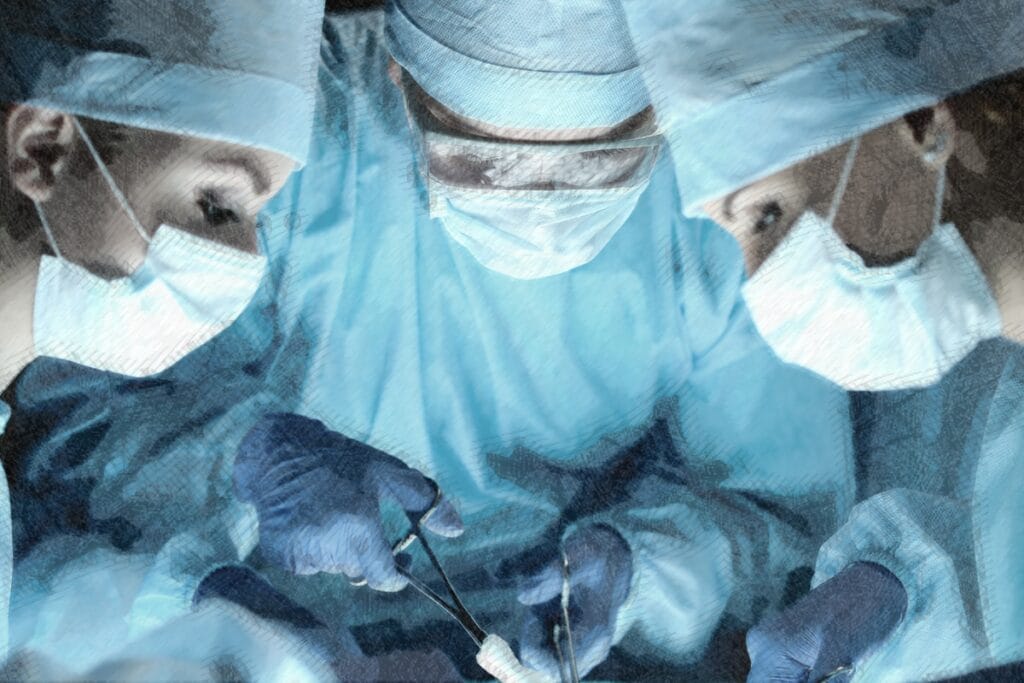 Three surgeons at work operating in surgical theatre