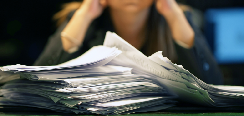 A person holding their head behind a large stack of paperwork