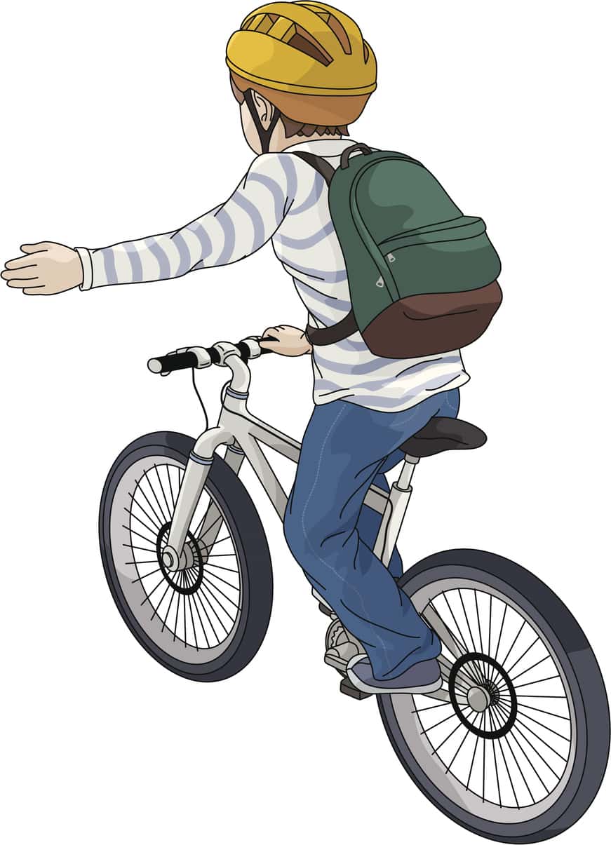 Drawing of a child riding a bike and signaling to turn left
