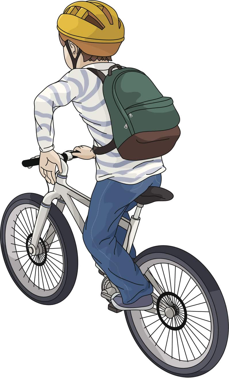 Illustration of a young boy with brown hair riding a bicycle, looking toward his destination against white background. The boy is wearing a white T-shirt with blue horizontally positioned stripes, a helmet, blue jeans, gray casual shoes and a backpack. The helmet is yellow in color with ridges on top, and it has a black chin strap. The young boy's backpack is green with a brown bottom. The bicycle is light gray in color, with a black seat and handlebars and several spokes on the wheels. The boy has his left arm extended and bent at the elbow, with his left hand pointing down in the "Stop" sign.