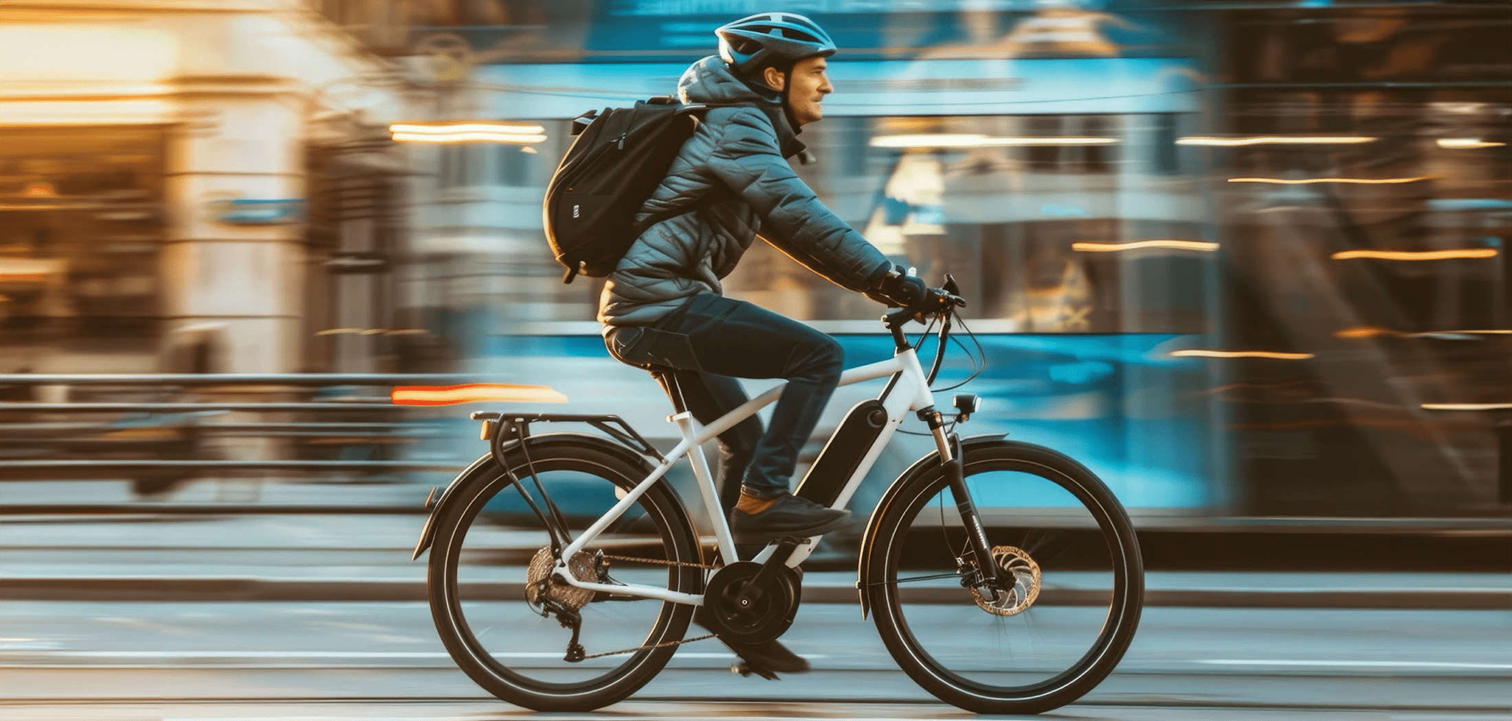 A man in a city rides an electric bike on a bike lane.